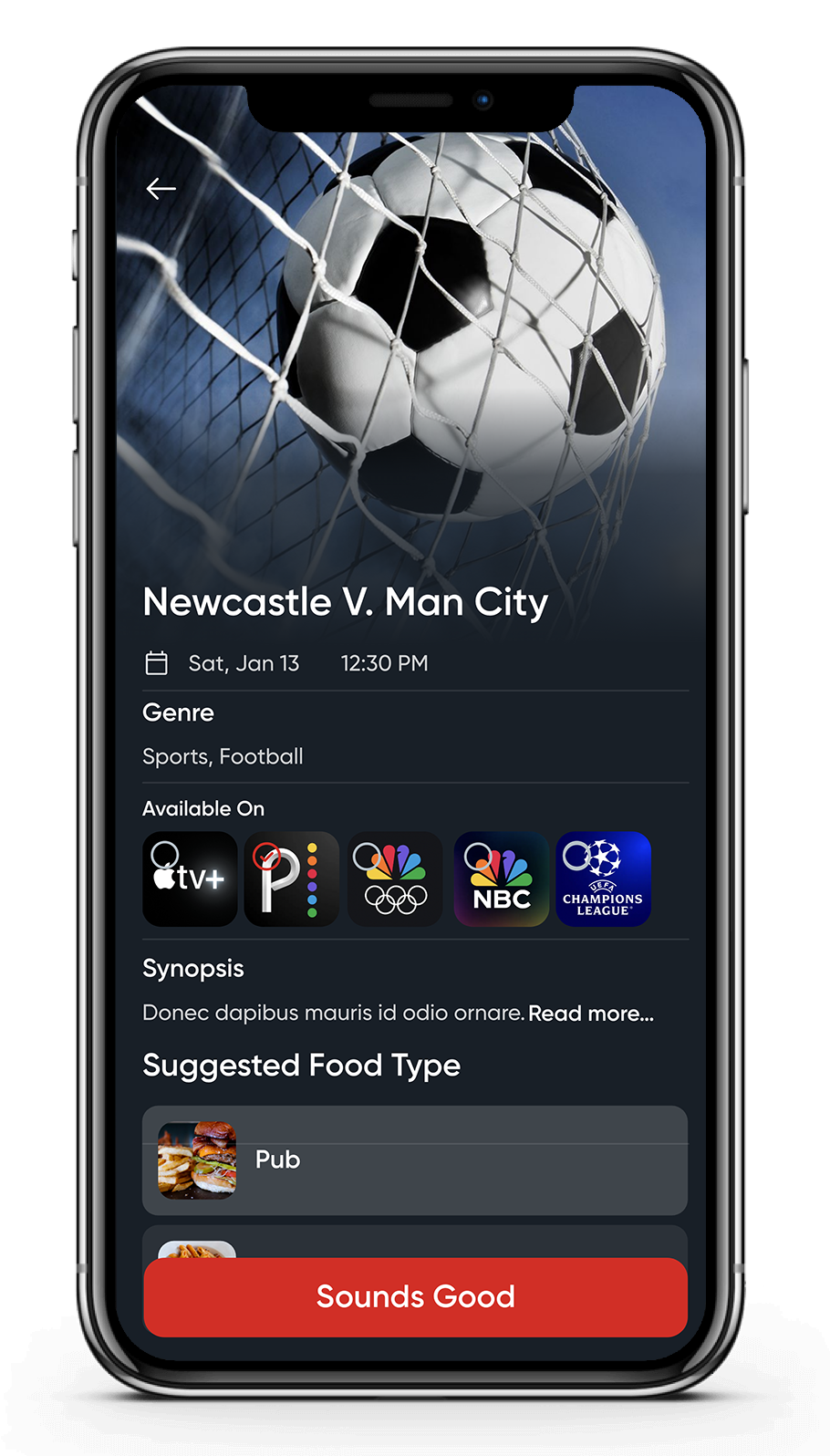 Game with streaming availability and food suggestions